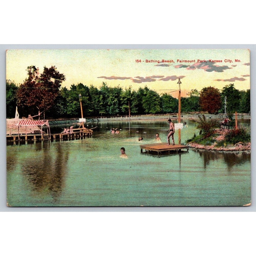 Antique Postcard Fairmount Park Kansas City MO Bathing Beach Lake c1910 German